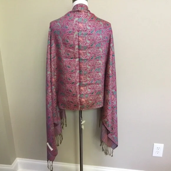 PASHMINA silk floral paisley fringe scarf wrap - Picture 2 of 5